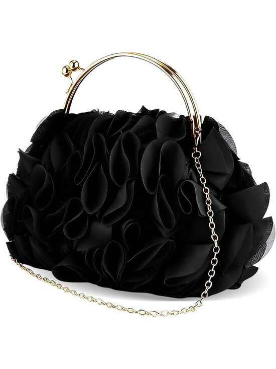 Handbags - Women's Black Floral Satin Clutch Purse Chain Wedding Party Prom Evening Bag
